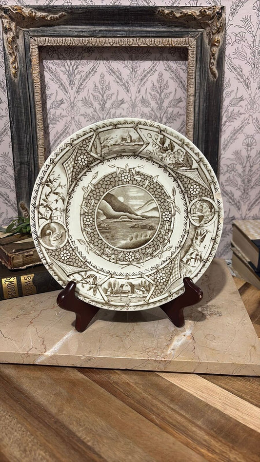 CW Turner Sons Tunstall Brown Transferware Plate Phileau Sea Scenery Birds