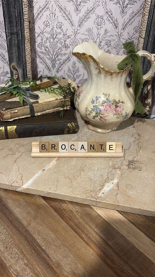 “Brocante” scrabble letter tiles and stand