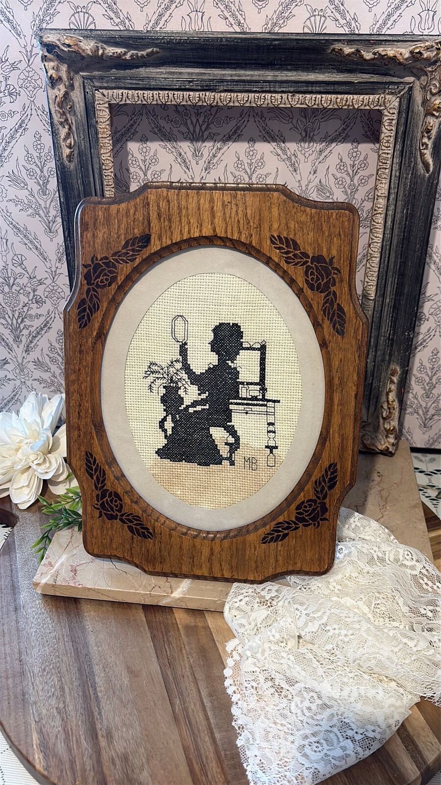 Beautiful wood framed needlepoint, silhouette