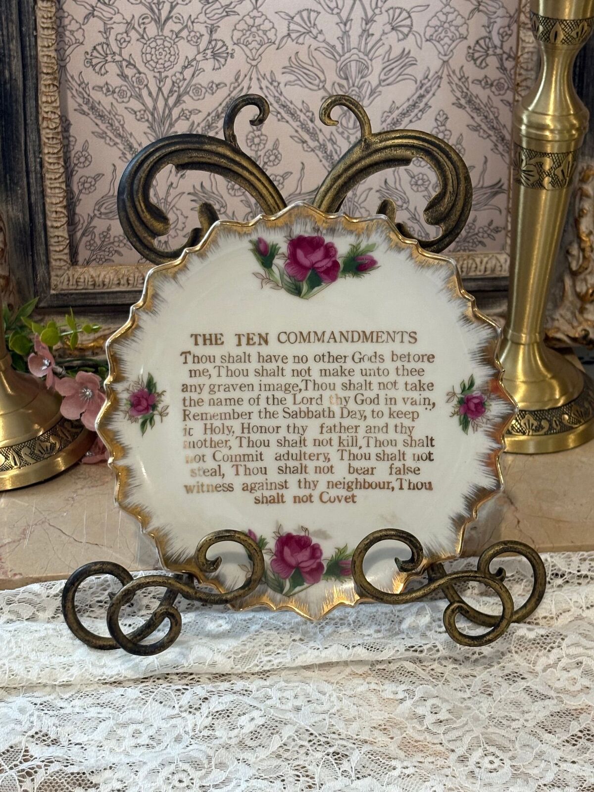 Vintage Ten Commandments Porcelain Wall Plaque with Pink Roses