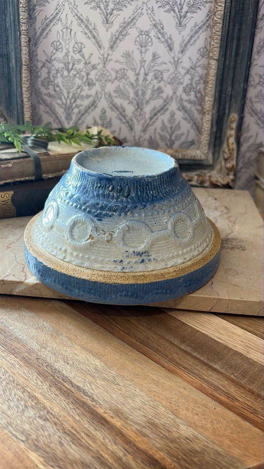Rare Antique Blue Salt Glazed Stoneware 7in Mixing Bowl set Wedding Ring Pattern