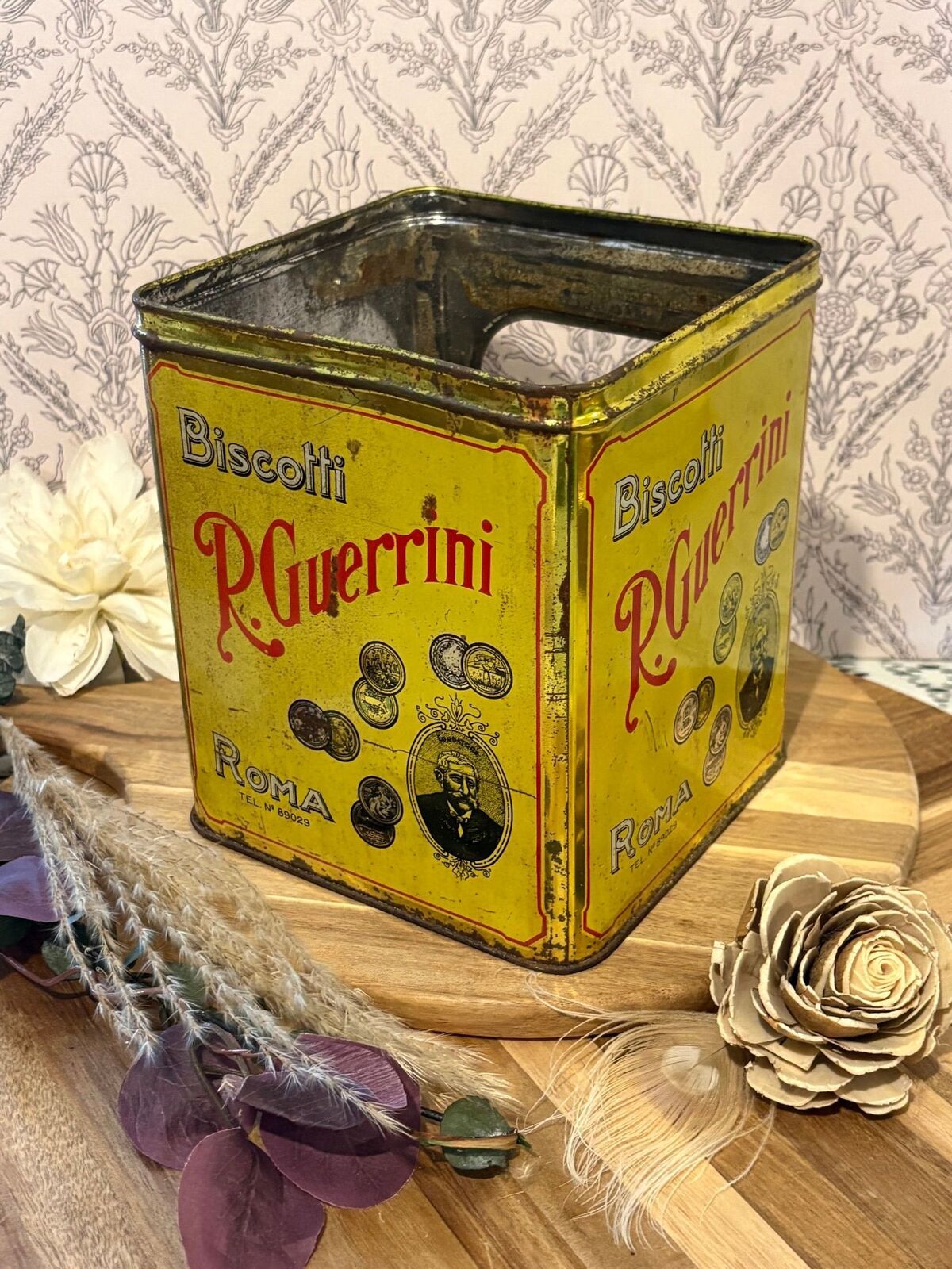 Vintage R Guerrini Biscotti Roma Tin Yellow w/store display front