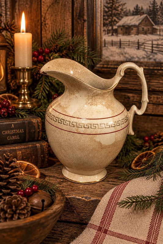 Antique c. 1890–1915 Crazed Ironstone Pitcher | Greek Key Transferware | Primitive Stained and crazed