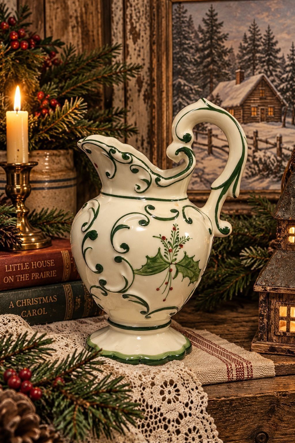 RCCL made in Portugal handpainted holly Christmas Pitcher